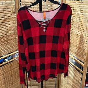Red and Black Plaid Long Sleeve V-Neck Top